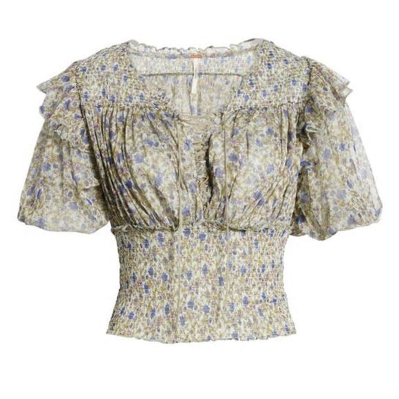 Free People Beatrice Floral-print Smocked Top In Mint Combo Size Small - Picture 1 of 12